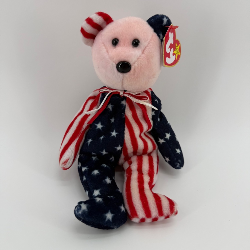 Ty Beanie Baby Spangle the Bear 1999 Pink Face Variant Patriotic Stars Stripes